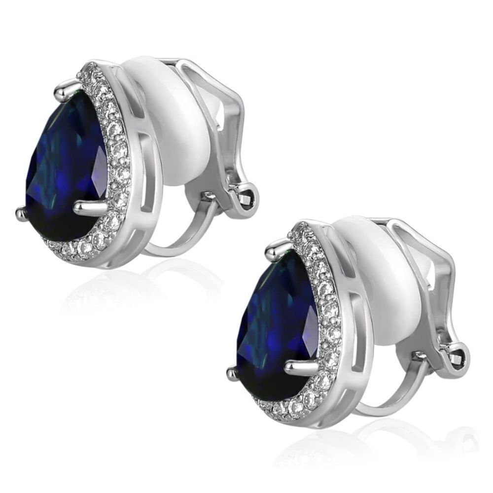 Silver with Blue Sapphire and Diamond Cubic Zirconia Teardrop Clip On Earrings